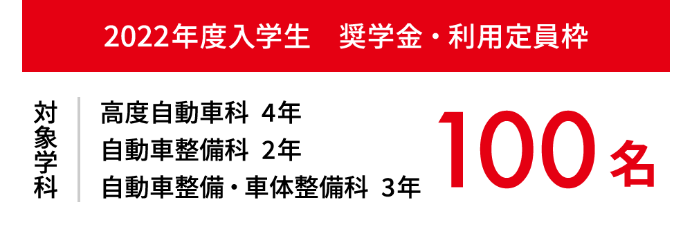 2022年度入学生 奨学金・利用定員枠 対象学科 高度自動車科4年 自動車整備科2年 自動車整備・車体整備科3年 100名